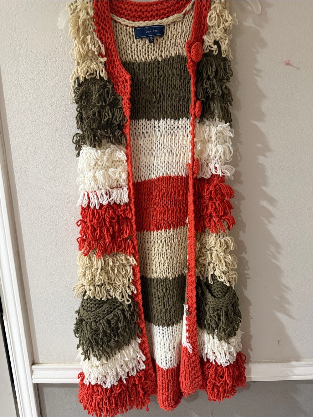 Lumiere Red Olive Cream Striped Fringe Knit Vest